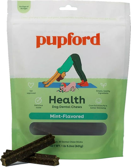 Pupford Dental Chews for Dogs | Freshens Breath, Scrapes Plaque, Safe for Gut | Healthy, Limited Ingredient, All Natural |Yummy & Made in USA | Free Training Resources | 30 Count