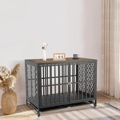 42'' Dog Crate Furniture, Wooden Dog Kennel with Lockable Wheels, Dog Crate End Table with Trays, Decorative Dog Kennel Indoor, Heavy Duty Dog Cage for Medium Large Dogs, Rustic Brown