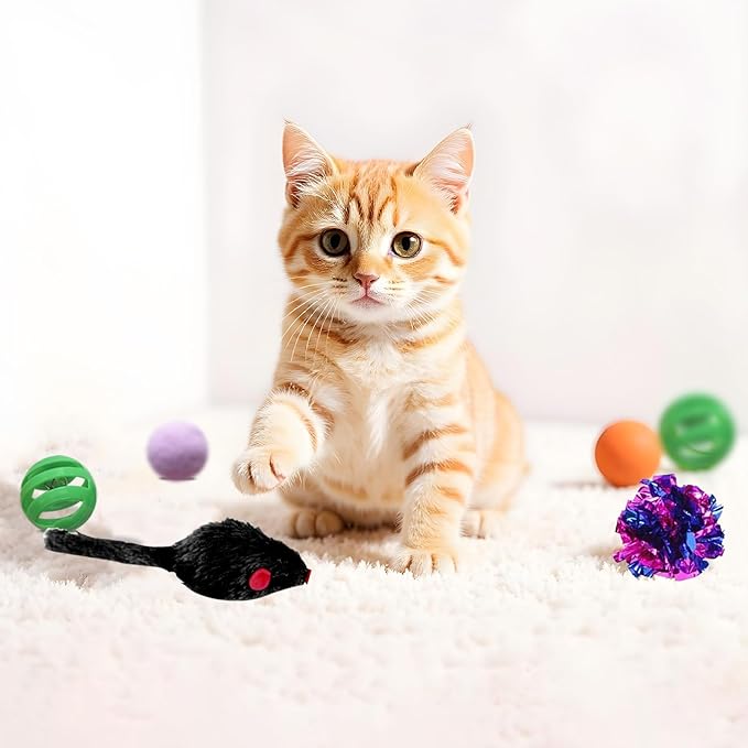 AGYM Cat Toys for Indoor Cats, 35 Packs Interactive Cat Toys Set with Colorful Springs, Mouse Cat Toy, Crinkle, Sisal, Pompom and Color Bell Balls for Kittens