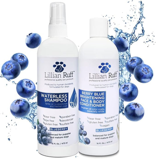 Lillian Ruff Berry Blue Brightening Face & Body Conditioner + Waterless Blueberry Shampoo for Dogs & Cats - Tear Free Blueberry Set- Hydrate Dry Skin, Add Shine & Luster to Coats - Made in USA