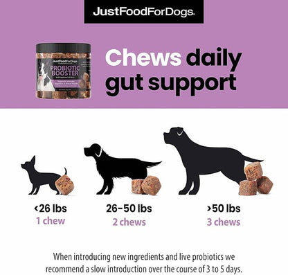 JustFoodForDogs Probiotic Booster Gut Health Soft Chews Supplement for Dogs, Digestive Health Support, Diarrhea, Human Grade Ingredients - 45 Count