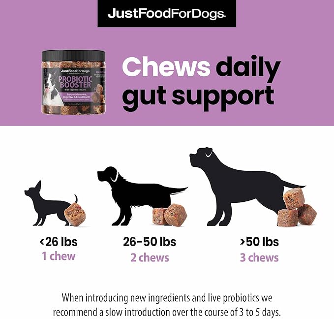 JustFoodForDogs Probiotic Booster Gut Health Soft Chews Supplement for Dogs, Digestive Health Support, Diarrhea, Human Grade Ingredients - 45 Count