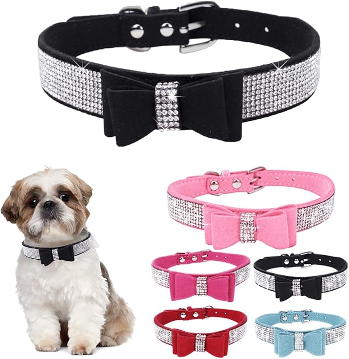 Bling Small Dog Collars for Female Dogs, Rhinestone Dog Collar with Bow tie, Crystal Jeweled Girl's Cat Collars Sparkling Glitter for XXS XS Small Dogs,Black,S