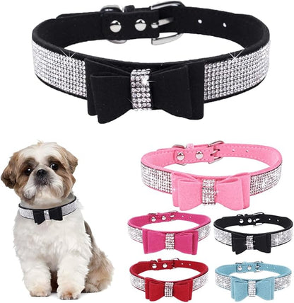 Bling Small Dog Collars for Female Dogs, Rhinestone Dog Collar with Bow tie, Crystal Jeweled Girl's Cat Collars Sparkling Glitter for XXS XS Small Dogs,Black,S