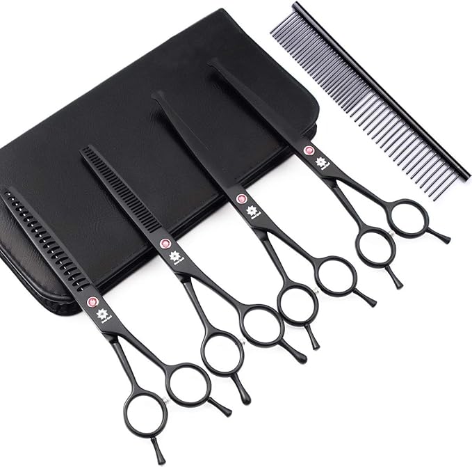 Dream Reach 7.0 Inches Professional Pet Cat Dog Grooming Shears Scissors, Straight, Curved, Thinning/Blending/Chunking Scissors Kit (4-Set Blunt Tip)