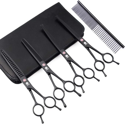 Dream Reach 7.0 Inches Professional Pet Cat Dog Grooming Shears Scissors, Straight, Curved, Thinning/Blending/Chunking Scissors Kit (4-Set Blunt Tip)