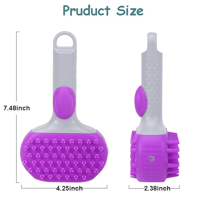 2 in1 Silicone Dog Cat Bath Brush, Pet Shampoo Brush Scrubber Massage Dispenser, Soft Silicone Grooming Shower Brush for Short Long Haired Dogs and Cats Washing (Purple)