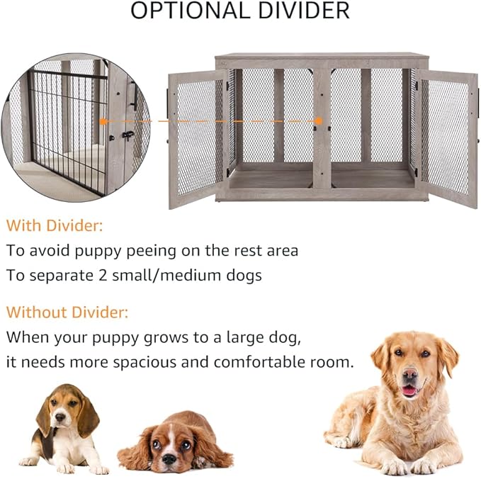 unipaws 46.7" Extra Large Dog Crate Furniture with Divider for 2 Dogs, Wooden Dog Kennel for XLarge Breed, XL Wood Dog Cage, End Table Crate with Tray, for Dogs Up to 90 lbs