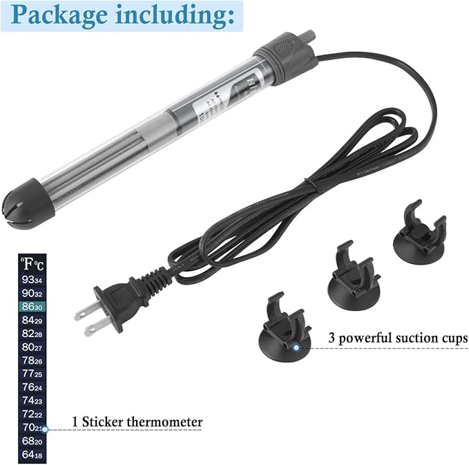 HITOP 25W 50W 100W 200W 300W Adjustable Aquarium Heater, Submersible Fish Tank Heater Thermostat with Suction Cups (100W-grey)
