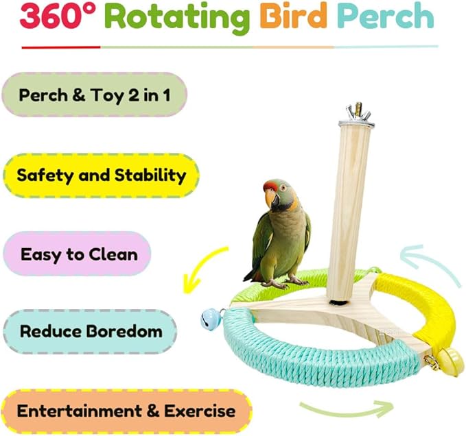 Bird Perch Toy with Bells, Parrot 360°Interactive Rotating Toy,Bird Cage Accessories for Small and Medium Parrots,Parrot Wooden Stand for Conures Parakeets Cockatiels Lovebirds