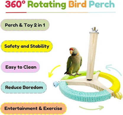 Bird Perch Toy with Bells, Parrot 360°Interactive Rotating Toy,Bird Cage Accessories for Small and Medium Parrots,Parrot Wooden Stand for Conures Parakeets Cockatiels Lovebirds