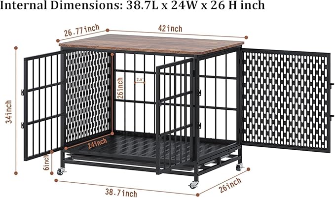 BOINN 42 inch Extra Large Dog Crate Furniture with Removable Trays, 3 Doors, 4 Wheels & 5 Locks - for Medium and Large Dogs
