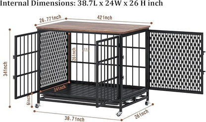 BOINN 42 inch Extra Large Dog Crate Furniture with Removable Trays, 3 Doors, 4 Wheels & 5 Locks - for Medium and Large Dogs