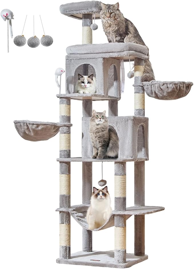 Taoqimiao Cat Tree, 77-Inch Cat Tower for Large Cats Multi-Level Cat Condos for Indoor Cats with 2 Condos, Extra-Lagre Platform, 2 Hanging Baskets, Hammock, 8 Scratching Posts, MS044W Light Gray