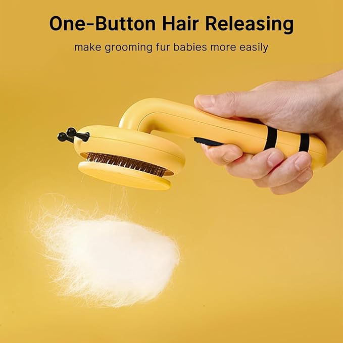 Bee Cat Brush, Self Cleaning Cat Brush with Release Button, Cat Hair Brush for Shedding, Pet Grooming Brush for Short and Long Haired Cats Dogs (Yellow)