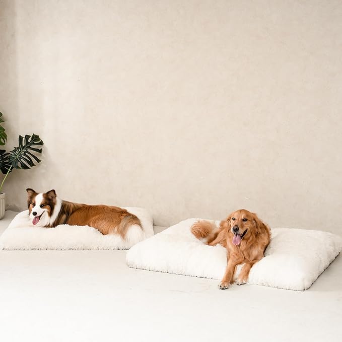 EHEYCIGA Fluffy Dog Crate Bed for Medium Dogs, Plush Faux Fur Dog Crate Pad, Calming Anti Anxiety Medium Dog Bed for Crate, Washable Soft Warm Dog Crate Mat with Non-Slip Bottom, Beige