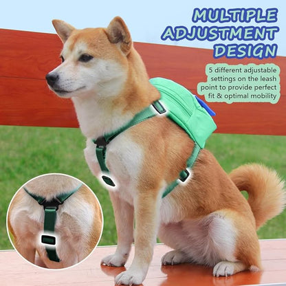 Dog Backpack Harness with Leash,Cute Pet Puppy Backpacks Bulid-in Dog Poop Bag Dispenser,Adjustable Pets Self Carrier Bag for Small Medium Dogs Travel Hiking Daily Walking(M, Green)