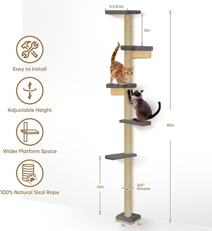 PAWSCRAT Wall-Mounted Cat Tree, 5 Tier Floor to Ceiling Cats Tower, 80 Inch Wall-Mounted Cat Scratching Post, Space Saving Cat Furniture and Easliy Climb for All Cats, Darkgery