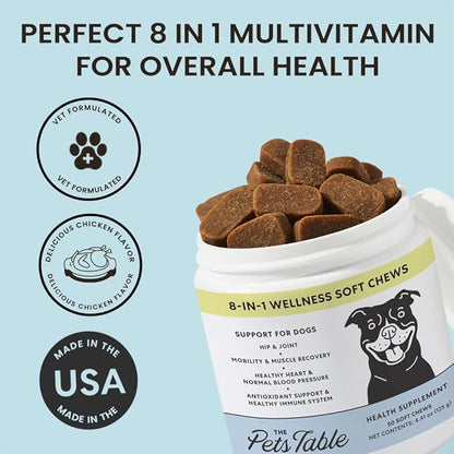 The Pets Table 8-in-1 Soft Chews Chicken Flavored All in One Supplement for Dogs - Dog Multivitamin Supports Mobility, Gut & Heart, 50 Chews