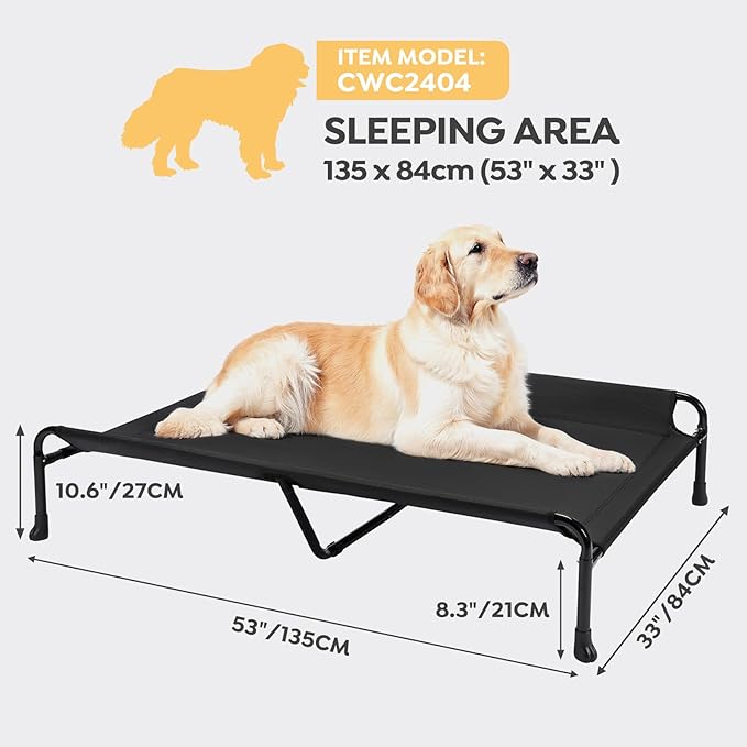 Veehoo Cooling Elevated Dog Bed, Raised Dog Beds for Large Dogs, Outdoor Dog Bed with Guardrail, Upgraded Non-Slip Feet, Breathable Teslin Mesh, Portable Camping Dog Cot, 53 x 33 Inches, Black