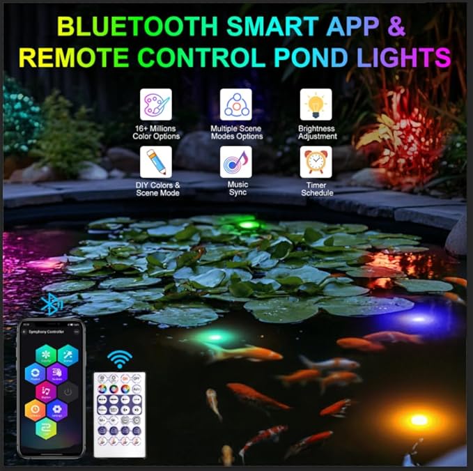 RGB Underwater Pond Lights, Super Bright LED Submersible Fountain Lights Colored Landscape Spotlights, Bluetooth APP Control IP68 Waterproof for Fish Aquarium Tank Garden Yard Pool (Set of 3)