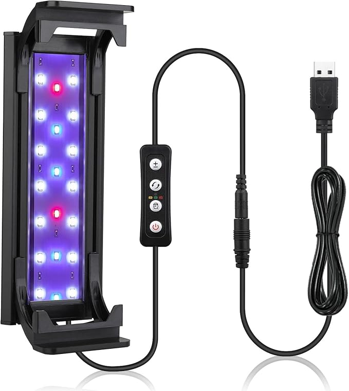 hygger 7W Full Spectrum Aquarium Light with Aluminum Alloy Shell and Plastic Extendable Brackets, White Blue Red LEDs, External Controller, for Freshwater Fish Tank (5-8.5 inch)