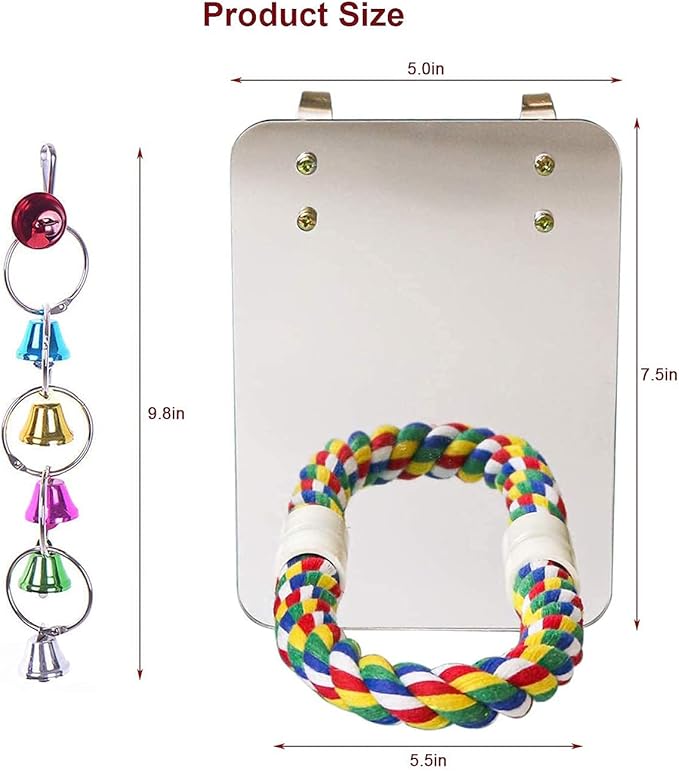 7" Bird Mirror with Rope Perch Bird Toys Swing, Comfy Perch for Greys Amazons Parakeet Cockatiel Conure Lovebirds Finch Canaries