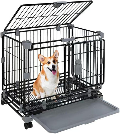 24" Dog Crate for Small Dogs, Double Door Dog Kennel with Removable Trays & Lockable Wheels, Escape Proof Metal Pet Cage, Stackable Indestructible Puppy Crate Indoor