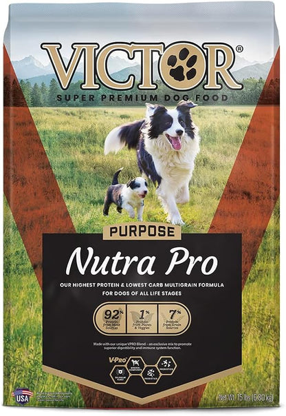 Victor Super Premium Dog Food  Purpose - Nutra Pro  Gluten Free, High Protein Low Carb Dry Dog Food for Active Dogs of All Ages  Ideal for Sporting Dogs, Pregnant or Nursing Dogs & Puppies, 15lbs