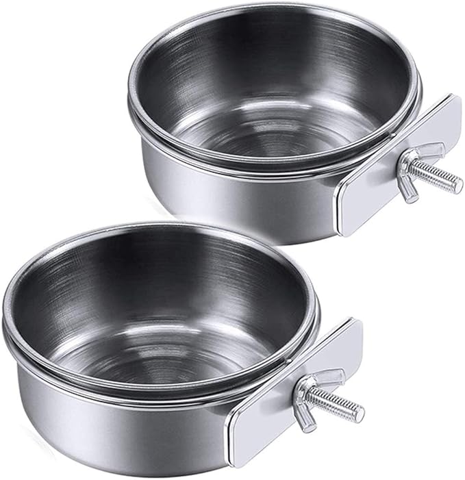 PINVNBY 2PCS Parrot Feeding Cups Birds Food Dish Stainless Steel Parrot Feeders Water Cage Bowls with Clamp Holder for Cockatiel Conure Parakeet Parrot Macaw Small Animal (Size: M)