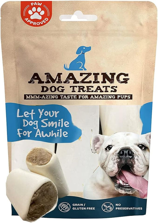 Amazing Dog Treats - Stuffed Shin Bone for Dogs (Peanut Butter Blend, 2-3 Inch - 4 Count) - All Natural Dog Bones