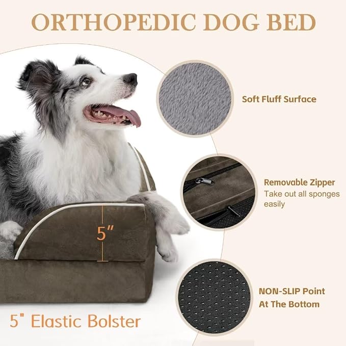 Orthopedic Memory Foam Dog Bed, Cooling Dog Bed, Dog Beds for Extra Large Dogs, XL Dog Bed with Removable Cover, Waterproof Pet Bed Large with Bolster(X-Large,Olive Green)