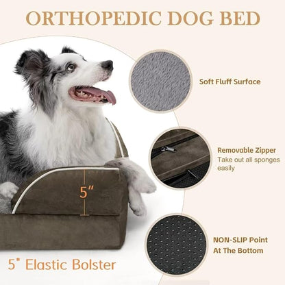 Orthopedic Memory Foam Dog Bed, Cooling Dog Bed, Dog Beds for Extra Large Dogs, XL Dog Bed with Removable Cover, Waterproof Pet Bed Large with Bolster(X-Large,Olive Green)