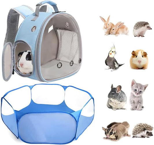 2-Pack Guinea Pig Carrier Backpack and Playpen Set - Breathable Pet Playpen Pop Open Outdoor/Indoor Exercise Fence, Portable Small Animal Backpack for Bearded Dragon, Rabbits, Hamster, Chinchillas