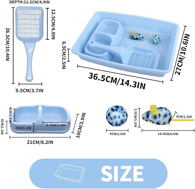 PAWISE Small Cat Litter Box, Kitten Litter Box Starter Kit, Low Entry Baby Catty Training Litter Box with Scoop, Bowls,Cat Mouse Toy and Cat Ball Toy,First Kitten Owner Essentials (Blue)