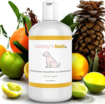 Buddy's Best Dog Shampoo for Smelly Dogs - Skin-Friendly, Oatmeal Dog Shampoo and Conditioner for Dry and Sensitive Skin - Moisturizing Puppy Wash Shampoo, Citrus Fresh Scent, 16oz