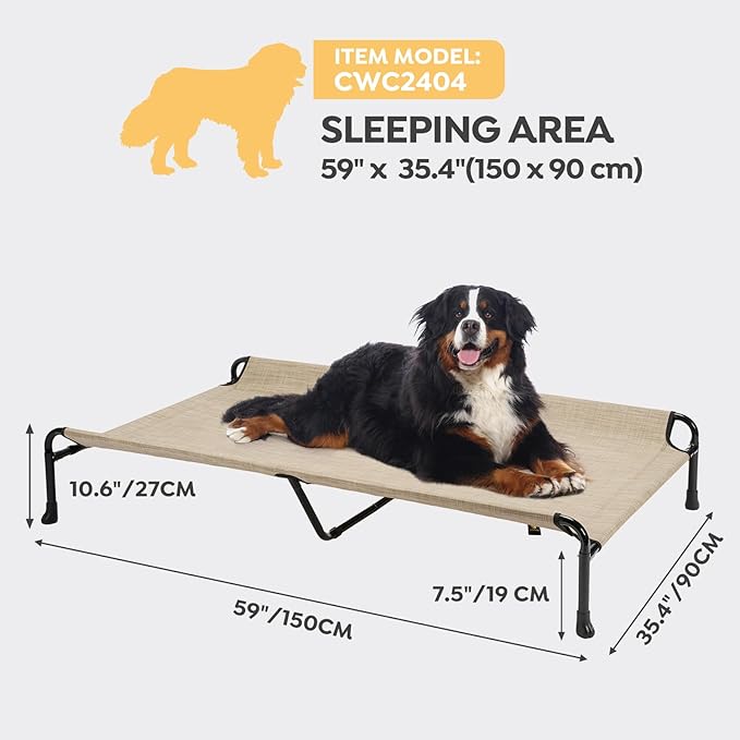 Veehoo Cooling Elevated Dog Bed, Raised Dog Beds for Large Dogs, Outdoor Dog Bed with Guardrail, Upgraded Non-Slip Feet, Breathable Teslin Mesh, Portable Camping Dog Cot, XXLarge, Beige Coffee CWC2404