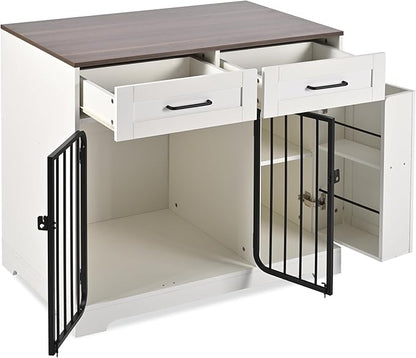 Ball & Cast 37.4" 2-in-1 Dog Crate Furniture,Modern Indoor Kennel with 2 Drawers&Storage Shelves,Double Doors&Double Locks Design for 26-40 lbs Dogs,Living Room,Kitchen,Entryway Side Table,White