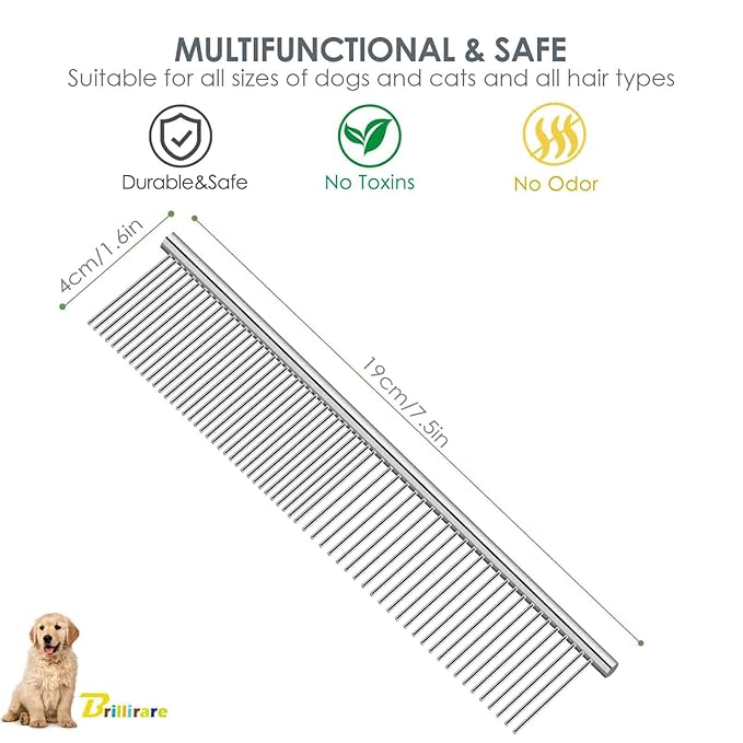 Dog Grooming Comb Pet, Stainless Steel Cat Combs with Rounded Teeth, Professional Metal Tear Stain Remover, Dematting Tool for Small, Medium & Large Pets-7.5in