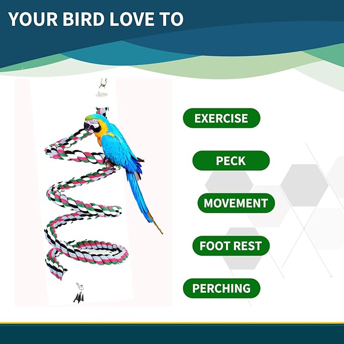 65inch Cotton Bendable Rope(Plus 1 Set 3 Steel Bells) Perch Swing Bird Chew Toys Amazon Parrots Cage Toys with Bell Swing Climbing Standing Bungee Bird Toys for Large to Regular Size Birds
