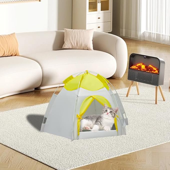 Outdoor Pet Curtain Camping Tent, Pop up Cave Bed for Indoor Cats and Small Dogs, Portable Cat House Dog House, Yellow.
