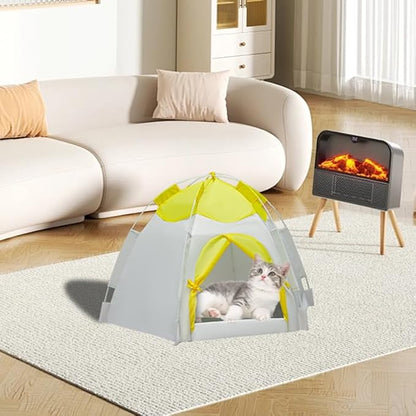 Outdoor Pet Curtain Camping Tent, Pop up Cave Bed for Indoor Cats and Small Dogs, Portable Cat House Dog House, Yellow.