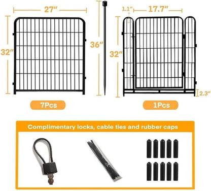 32 in(H) Decorative Garden Fence with Gate, 8 Panels Total 17.7 Ft(L) Heavy Duty Iron Animal Barrier Fence for Yard,Suitable for Indoor Pet Or Outdoor Dog Fencing, Garden Border Fence