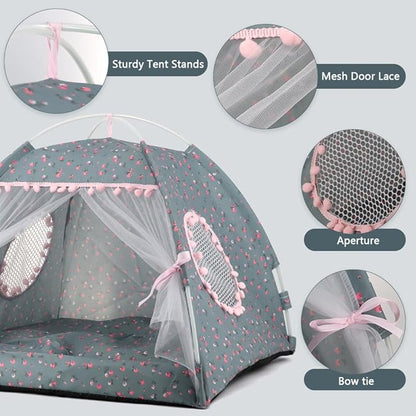pawstrip Dog Tent Indoor Cat House Pink Puppy Bed Portable Pet Teepe Princess Dog Camping Tent Outdoor Kitten Houses Cute Bunny Nest Girl Kitty Cave (M, Gray)