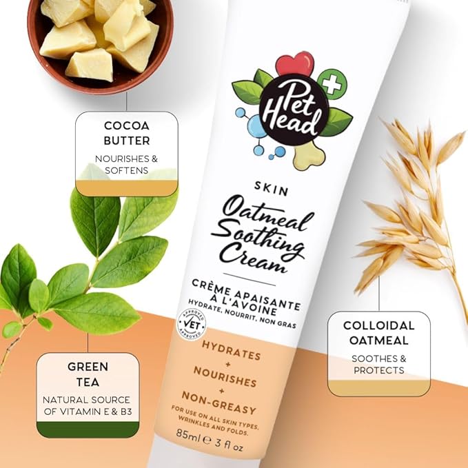 Pet Head Health Oatmeal Soothing Cream for Dogs | Fragrance Free | Nourishes and Hydrates | Suitable for use on Sensitive Skin, Noses, Paws, Wrinkles, Folds and Tail Pockets | 3 fl. oz.