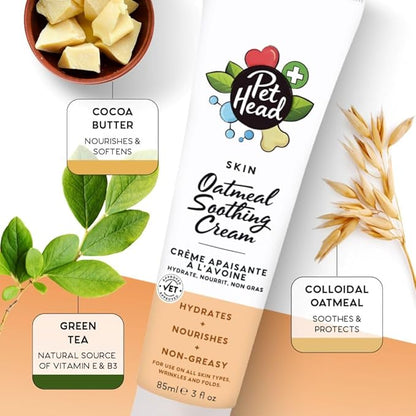 Pet Head Health Oatmeal Soothing Cream for Dogs | Fragrance Free | Nourishes and Hydrates | Suitable for use on Sensitive Skin, Noses, Paws, Wrinkles, Folds and Tail Pockets | 3 fl. oz.