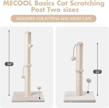 MECOOL 34” Tall Cat Scratching Post Premium Basics Kitten Scratcher Sisal Scratch Posts Trees with Hanging Ball for Indoor Cats, Beige