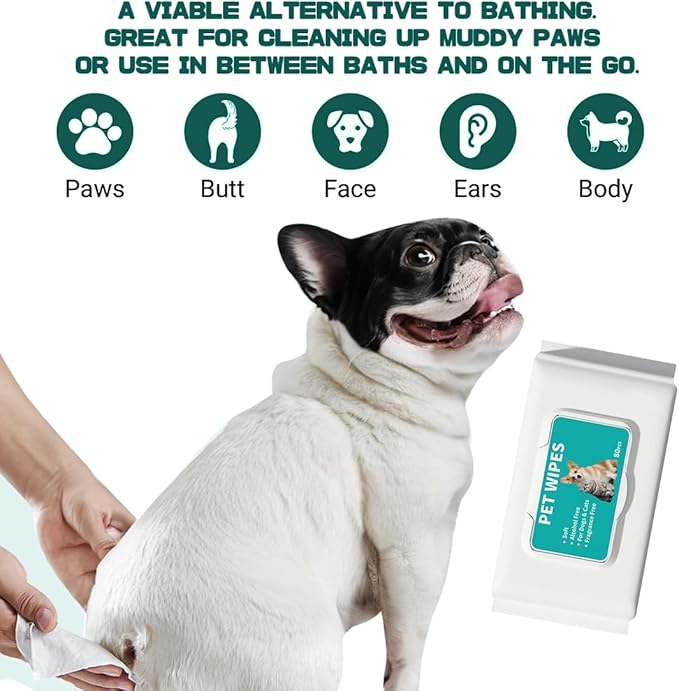 Pet Grooming Wipes for Dogs and Cats 80ct Hypoallergenic Dog Wipes Cleaning Deodorizing for Paws, Body and Butt