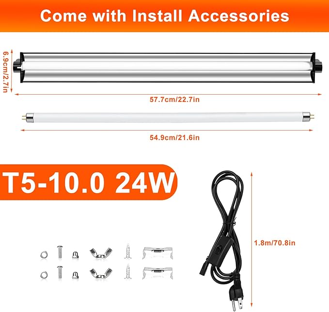 24W T5 UVB Reptile Light Fixture Combo Kit – 10.0 UVB Fluorescent Tube for Bearded Dragons, Lizards & Tortoises – UVA UVB Reptile Light, 22" Terrarium Hood (UVB 10.0-Desert, 22INCH-24W)