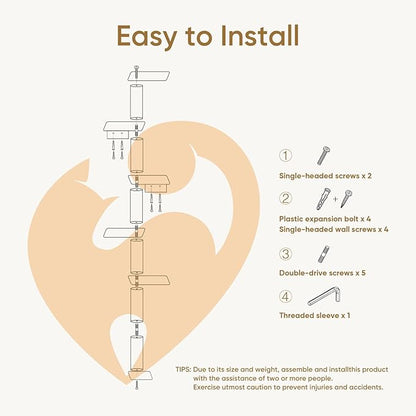 PAWSCRAT Wall-Mounted Cat Tree, 5 Tier Floor to Ceiling Cats Tower, 80 Inch Wall-Mounted Cat Scratching Post, Space Saving Cat Furniture and Easliy Climb for All Cats, Gery